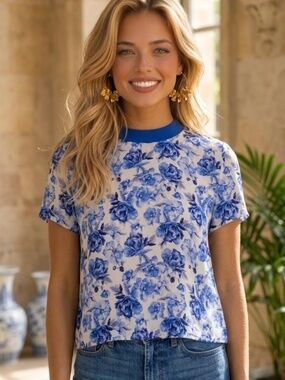 NWT $250 Alice + Olivia Kane Blue White Floral Tee T-Shirt Top Size XS